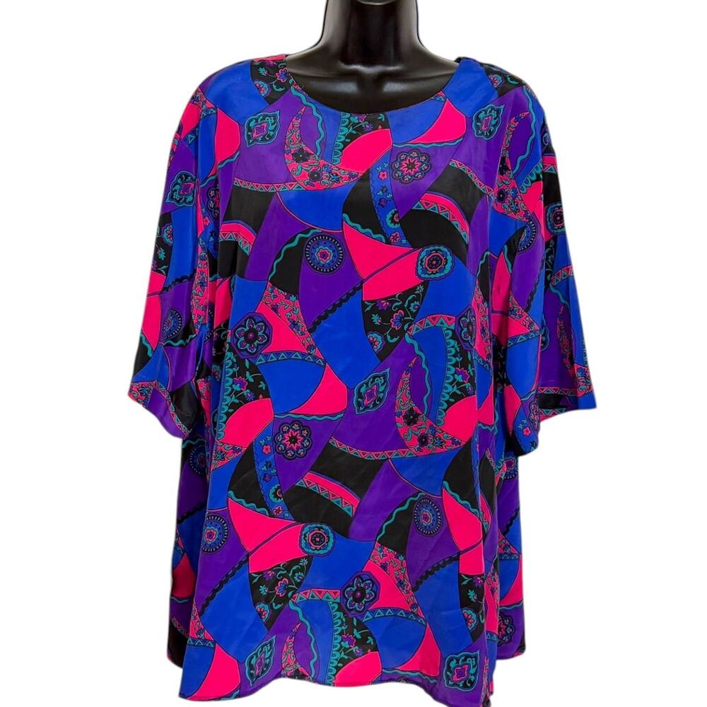 VINTAGE 80S 90S HERITAGE ROAD RETRO PURPLE ABSTRACT PRINT ART TO WEAR BLOUSE 24